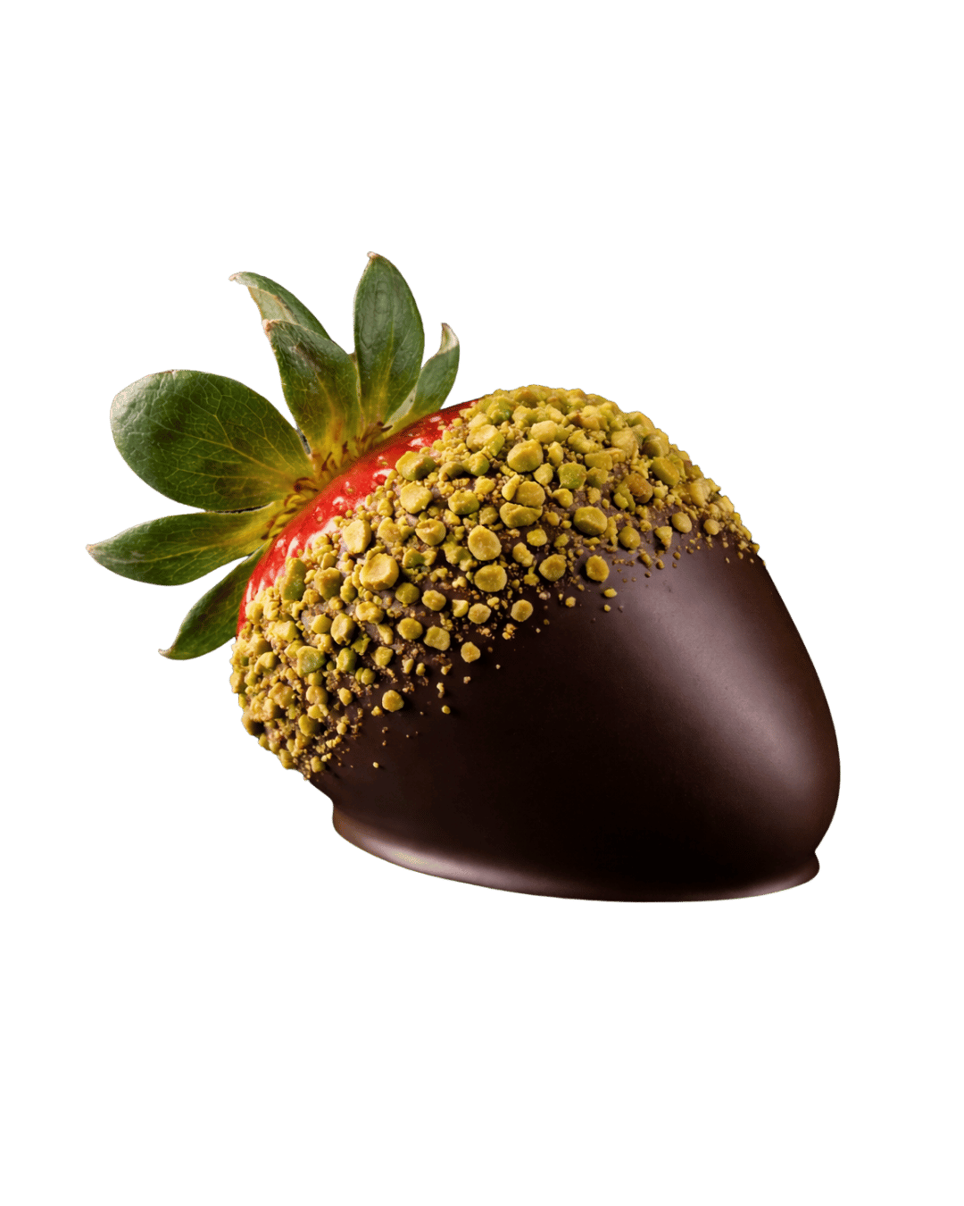 Émeraude Noir, a dark chocolate strawberry with crushed pistachios