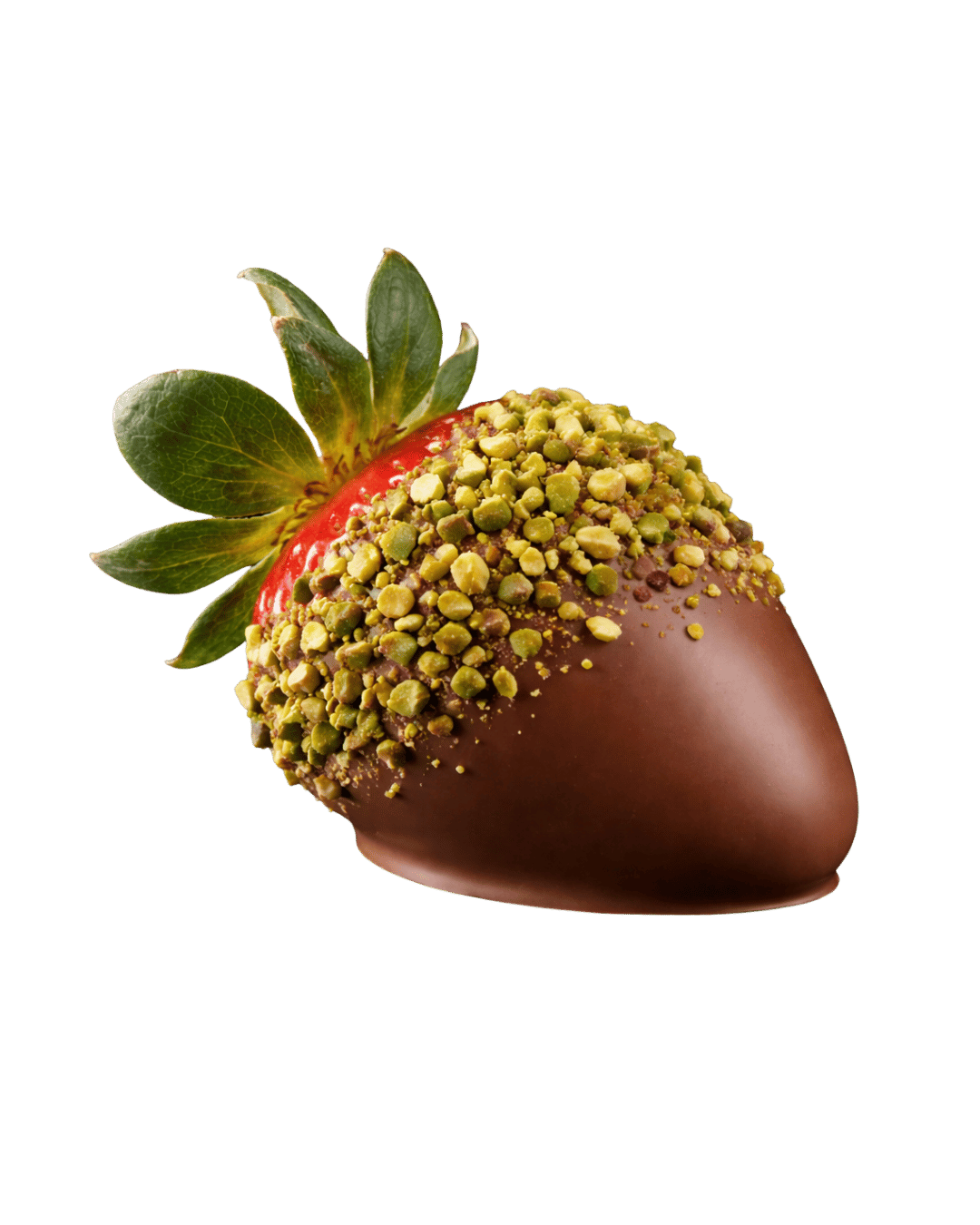 Émeraude Lait, a milk chocolate strawberry with crushed pistachios
