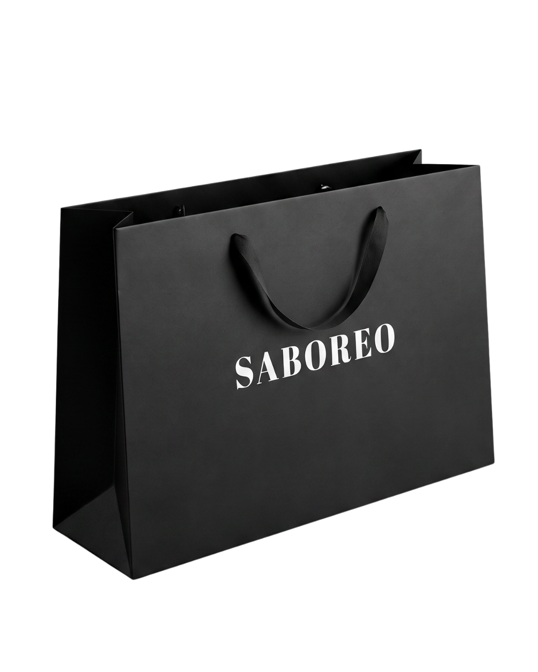 Black Saboreo carrier bag used for gift delivery