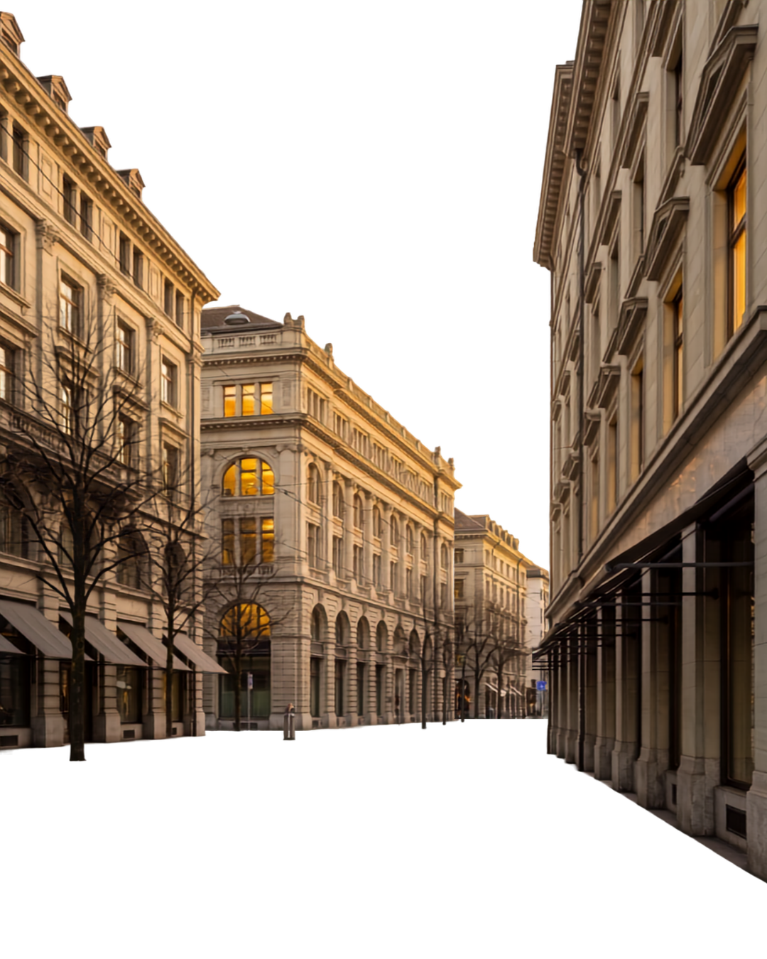 A row of historic Zurich buildings along a quiet street